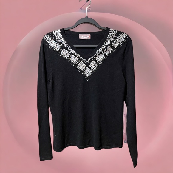 TanJay Black Sparkly Beaded V-neck Sweater - Picture 10 of 11